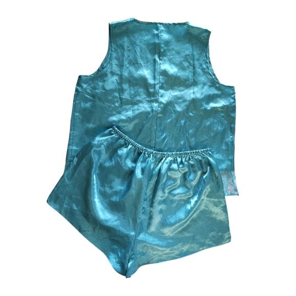 VTG 80s Turquoise Satin Sleeveless Top And Shorts Pajama Set Size 1X *Med/ Lrg - Picture 9 of 15